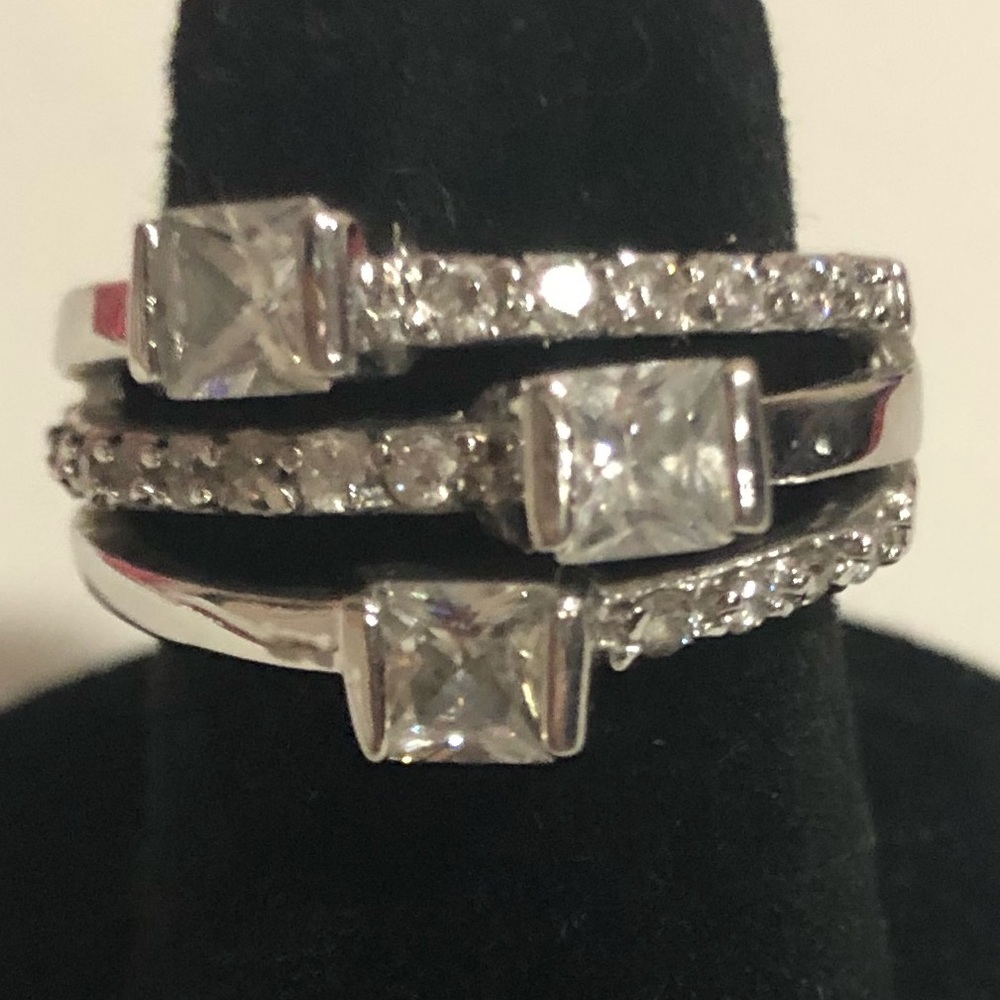 RSC sterling 3 clear stone ring w/stone bands, s 6